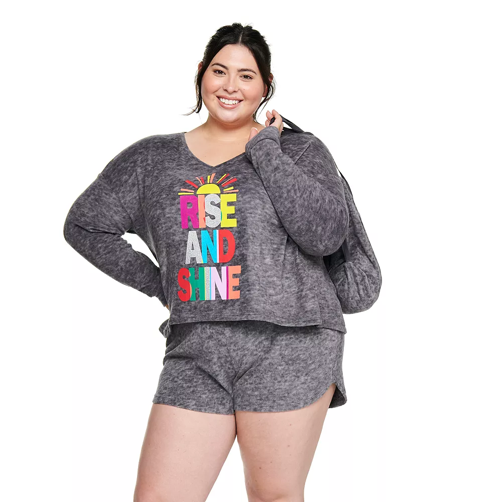 Juniors' Plus Size SO® Boxy Long Sleeve Pajama Top & Pajama Shorts Set 4 Juniors' Plus Size SO® Boxy Long Sleeve Pajama Top & Pajama Shorts Set - Image 2
