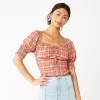 Juniors' SO® Cropped Tie-Front Puff Top -SO Juniors Fashion Clothing 5559527 Papaya Soda Plaid
