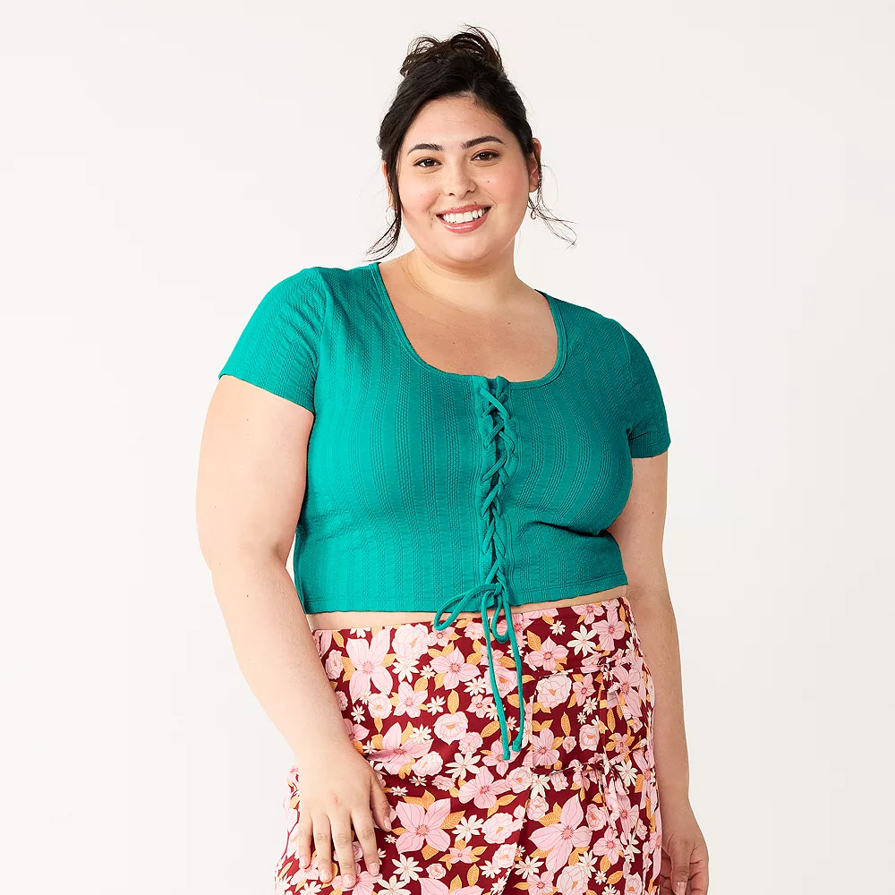 Juniors' Plus Size SO® Cropped Front Lace-Up Top 3 Juniors' Plus Size SO® Cropped Front Lace-Up Top