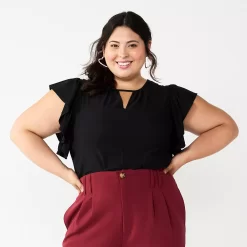 Juniors' Plus Size SO® Flutter Sleeve Keyhole Top