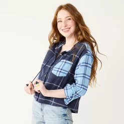 Juniors' SO® Cropped Plaid Button Down Hoodie