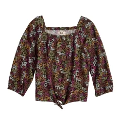 Girls 4-16 SO® 3/4-Sleeve Tie Front Woven Top In Regular & Plus Size