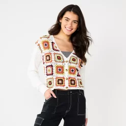 Juniors' SO® Cropped Patchwork Square Cardigan