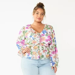 Juniors' Plus Size SO® Button Front Ruffle Blouse